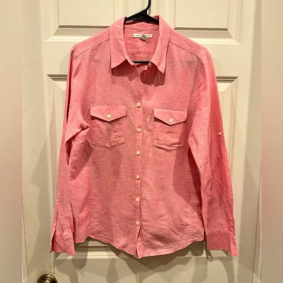 Banana‎ Republic Pink Flax Cotton Button Down Shirt women’s size Large - Picture 1 of 7